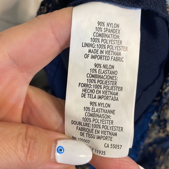 Marina cocktail stretch lace foil dress STATEMENT sheer BACK sheath navy gold L - Picture 11 of 16